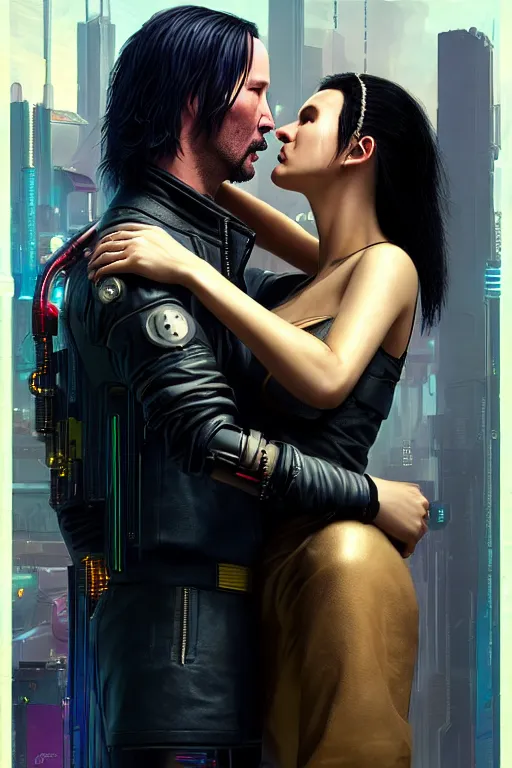 Image similar to a cyberpunk 2077 couple portrait of Keanu Reeves & female android final kiss in the night city,love,art by John Collier & Lawrence Alma-Tadema & Artem Demura & Dan Mumford ,John Wick,Replicas,artstation,deviantart,FAN ART,Digital painting,face enhance,highly detailed,8K,octane,golden ratio,cinematic lighting