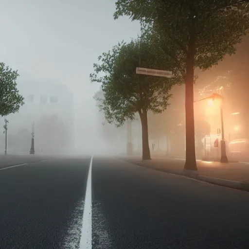 Image similar to still shot of a street covered in morning fog, highly detailed, photorealistic portrait, bright studio setting, studio lighting, crisp quality and light reflections, unreal engine 5 quality render