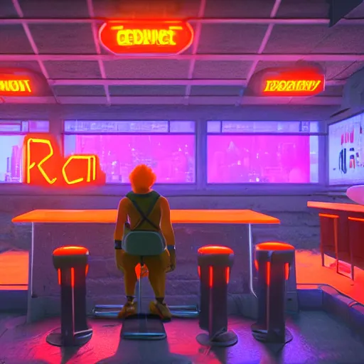 Image similar to in a futuristic cyberpunk city, an orange cat wearing a backpack sleeps on stool at a bar, cgisociety, unreal engine, render, hazy, neon glows, atmospheric,