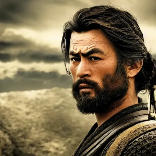 Image similar to handsome and strong! kurdish! samurai in a movie directed by christopher nolan, movie still frame, promotional image, imax 7 0 mm footage, perfect symmetrical facial features