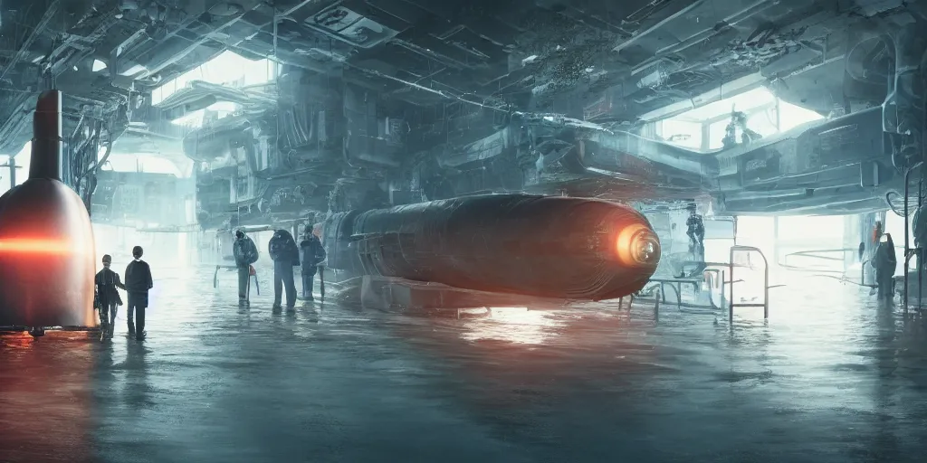 Image similar to photograph of a cyberpunk submarine interior set with a child standing next to lifeless adults. cinematic lighting, color contrast, arri alexa, anamorphic bokeh, professional lighting, 4 k, photographed by erik johansson, graded with davinci resolve