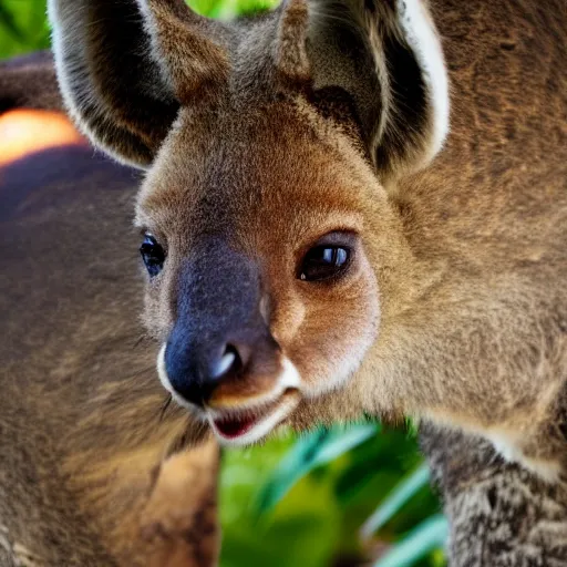 Image similar to a close up photograph of anthropomorphic samurai Kangaroo, Jungle Background, 40mm lens, focused