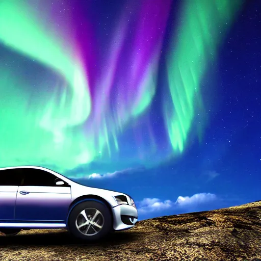 Image similar to car on a mountain. background is epic sky at night with northern lights. photorealistic. iridescent.