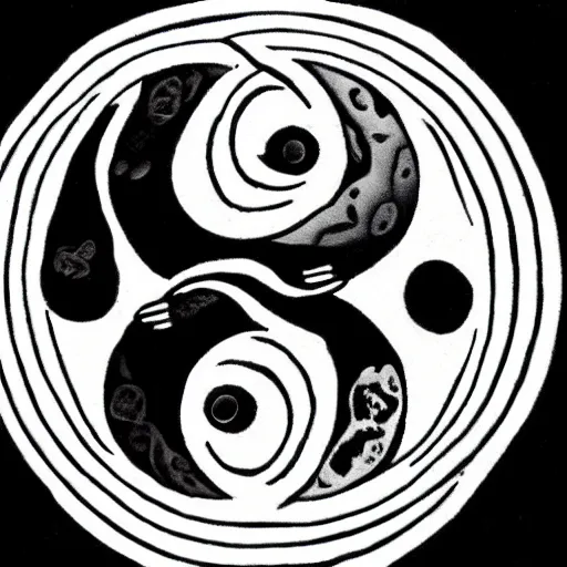 Prompt: a yin yang symbol, surrounded by a snake eating its own tail, drawing