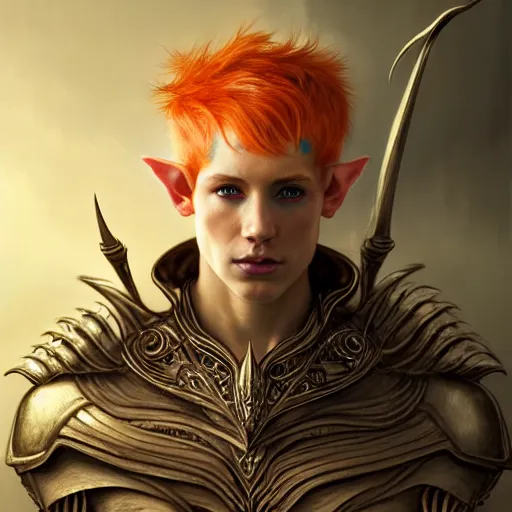 Image similar to portrait painting of an elven male teen with short light orange hair and tribal tattoos on his face wearing fur armor, ultra realistic, concept art, intricate details, eerie, highly detailed, photorealistic, octane render, 8 k, unreal engine. art by artgerm and greg rutkowski and charlie bowater and magali villeneuve and alphonse mucha