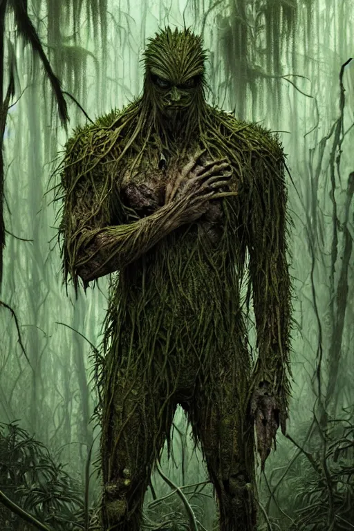 Image similar to realistic photo of the swamp thing, through the creepy forest, on the way lies a rotting corpse among the rocks. and he takes it in his hands. deep focus, intricate, elegant, highly detailed, digital painting, station art, concept art, matte, sharp focus, illustration, art by artgerm and greg rutkowski and alphonse mucha