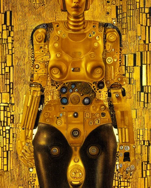 Prompt: Golden Portrait of a Robot from iRobot by Gustav Klimt, cyberpunk noir, baroque elements, intricate artwork by caravaggio, aesthetic, intricate, highly detailed, masterpiece