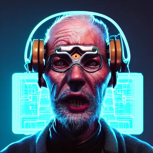 Prompt: Colour Photography of 1000 years old man with highly detailed 1000 years old face wearing higly detailed cyberpunk VR Headset designed by Josan Gonzalez Many details. Man eating higly detailed hot-dog. In style of Josan Gonzalez and Mike Winkelmann andgreg rutkowski and alphonse muchaand Caspar David Friedrich. Rendered in Blender