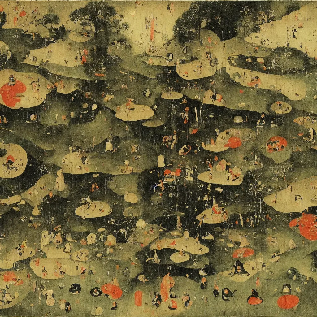 Image similar to Japanese Garden by Hieronymus Bosch, surreal oil painting, highly detailed, dream like, masterpiece