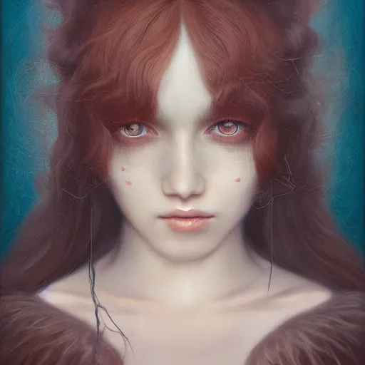 Image similar to tom bagshaw portrait, very beautiful kururu kurasawa in a full dress and long thin lustrous auburn hair, professionally retouched, focus eyes, ultra realistic soft painting, insanely detailed linework, symmetrical accurate intricate features, behance, 8 k