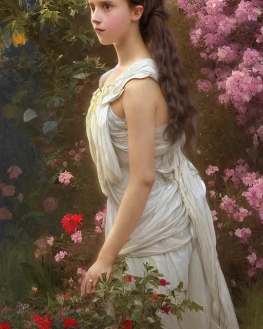 Prompt: a portrait painting of a shy, blushing 1 6 - year old alicia vikander or millie bobby brown as a princess in her garden, hair fanned around, intricate, elegant, highly detailed, artstation, concept art, by krenz cushart and donato giancola and william adolph bouguereau and alphonse mucha