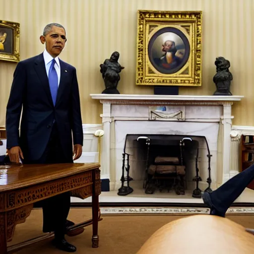 Image similar to photo of president obama in the oval office fighting a man dressed in a swiss cheese costume