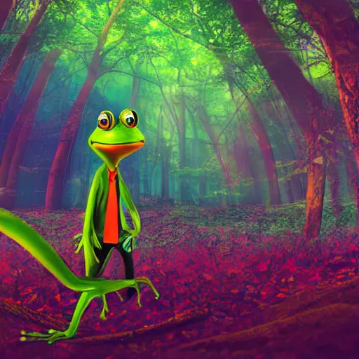 Prompt: businessman in a psychedelic trip by a poisonous frog in the middle of a forest, hyper realism, high detail, octane, 4k textures