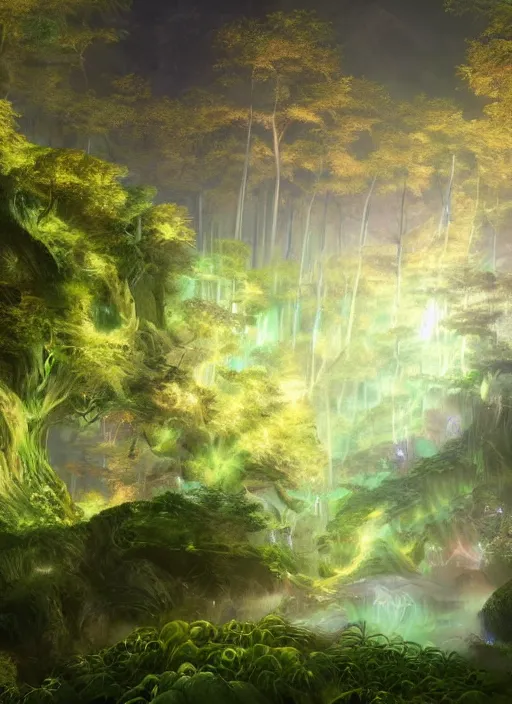 Image similar to glowwave drawing of humongous enchanted forest biome from genshin impact, au naturel, hyper detailed, digital art, trending in artstation, cinematic lighting, studio quality, smooth render, unreal engine 5 rendered, octane rendered, art style by klimt and nixeu and ian sprigger and wlop and krenz cushart.