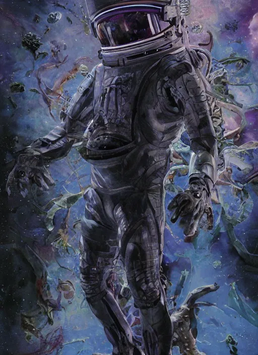 Prompt: astronauts in the dark infinite underwater void - complex and detailed suit. reflection and dispersion materials. contour lighting. rays and dispersion of light. volumetric light. 5 0 mm, f / 3 2. noise film photo. flash photography. ultra realistic, wide angle. poster by wayne barlowe, hajime sorayama aaron horkey, craig mullins