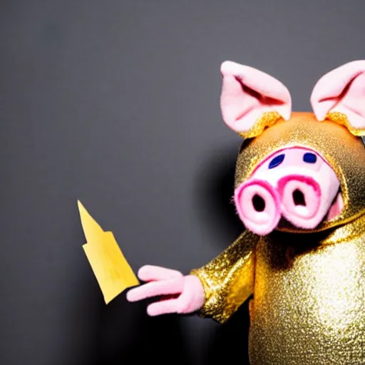 Image similar to studio photograph of a pig wearing a gold crown depicted as a muppet holding a protest sign