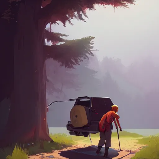 Prompt: ilustration hiker unloading the car before camping, characterized by roman shipunov, etienne hebinger, atey ghailan, cgsociety, cynical realism, fantasy art, 2 d game art