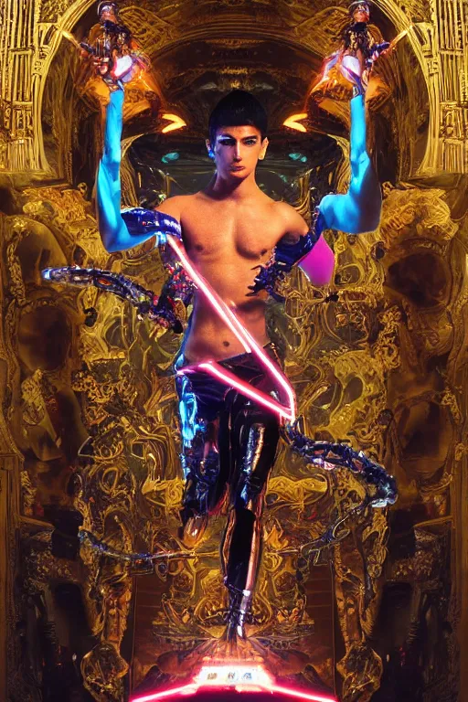 Prompt: full-body bladerunner style sculpture of a young handsome Latino prince as a half cibernetic android with a chest opening exposing circuitry and electric sparks, glowing laser beam eyes, crown of giant diamonds, flowing neon-colored silk, fabric, raptors. baroque elements. full-length view. baroque element. intricate artwork by caravaggio. reflective surfaces. Trending on artstation, octane render, cinematic lighting from the right, hyper realism, octane render, 8k, depth of field, 3D