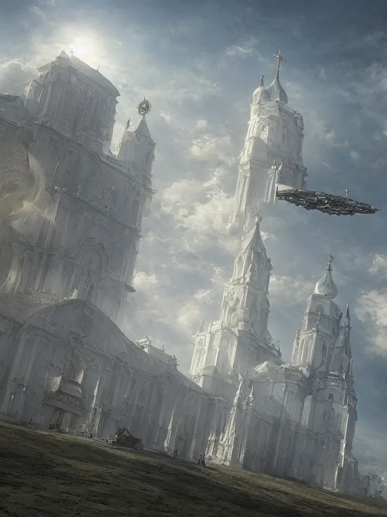 Image similar to a large dieselpunk airship is standing in the air over a splendid white church in russia, full morning sun, matte painting by greg rutkowski, markus vogt