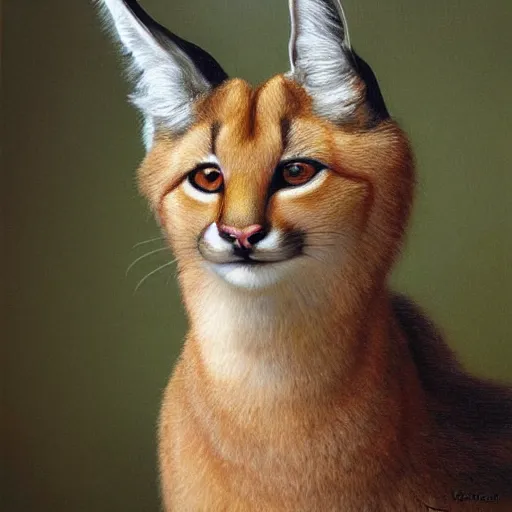 Image similar to fullbody portrait of cute fluffy caracal, wearing laurel wreath on his head, illustration, high detail, francine van hove