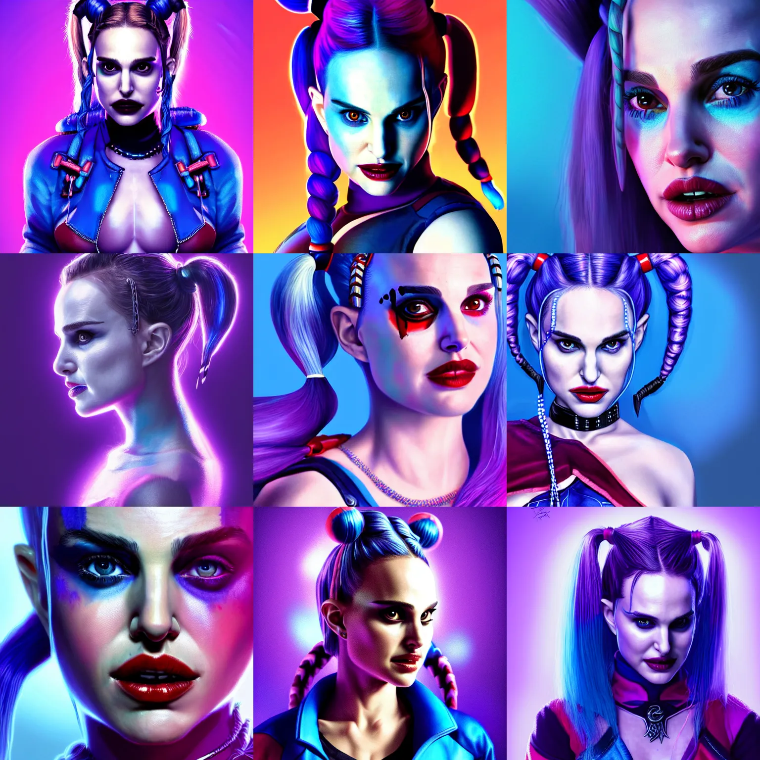 Prompt: an insanely detailed portrait of natalie portman as harley quinn, two blue braids, blue hairstyle, wearing purple jacket, artgerm, dramatic lighting and composition, octane render, trending on artstation, concept art