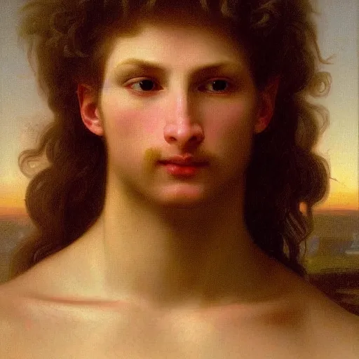 Prompt: PORTRAIT Painting of an albino germanic male Venus Apollo. LONG CURLY light blond hair. Sharp angular face high cheekbones hooked nose. Art by william adolphe bouguereau. During golden hour. Extremely detailed. Beautiful. 4K. Award winning.