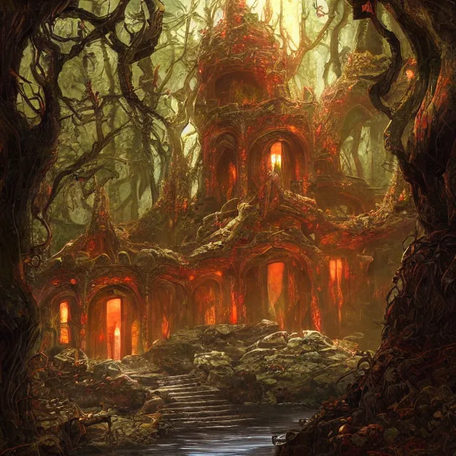 Prompt: the delicate bloodstone palace in the shadowstruck woods beautifully showcases elven architecture. oil painting by the award - winning concept artist