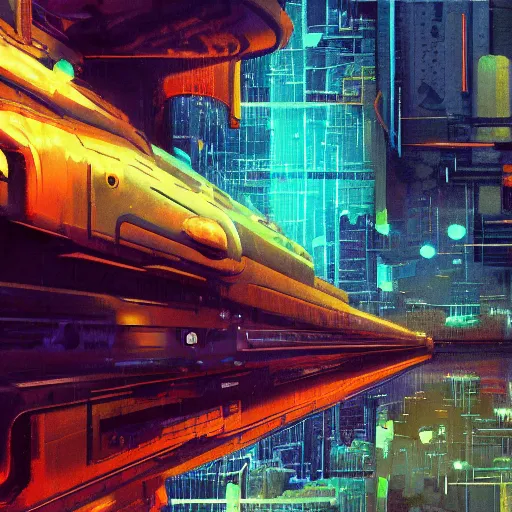 Prompt: 4 0 1 1 6 7 1 9 2 4 a graph style gauche impasto, sad, steampunk, cyberpunk art by james gilleard, city depth of field, cgsociety, retrofuturism, synthwave, retrowave, outrun, paint, high detail.