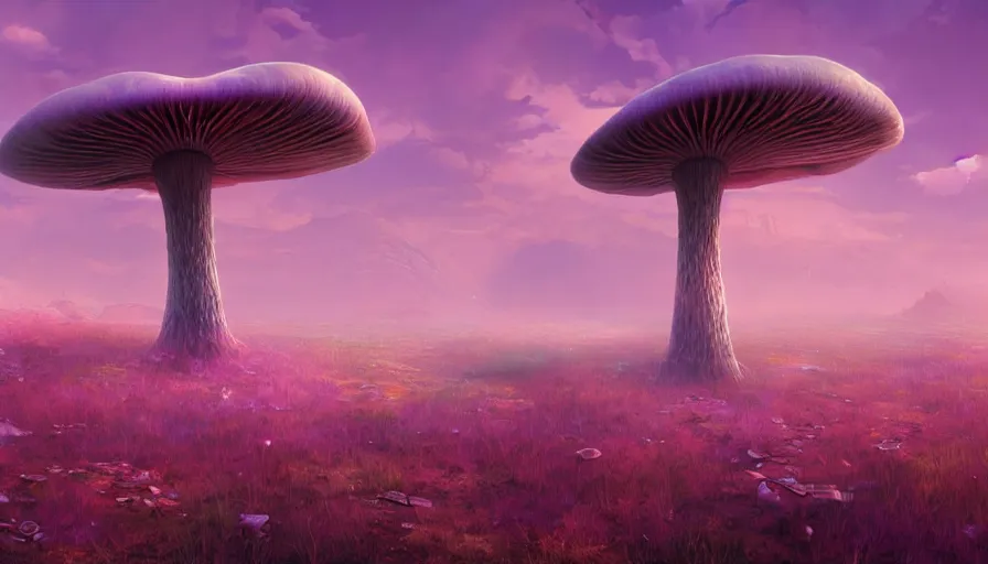 Prompt: A highly detailed digital art painting of a volatile nuclear caustic poison mushroom irradiated barren purple landscape by from software, Makoto Shinkai, by Artgerm, by beeple, volumetric lighting, octane render, 4K resolution, trending on artstation, masterpiece, vivid colours