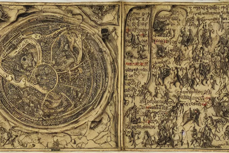 Prompt: intricate detailed ancient map of the regions of hell and the dimensions of the damned, technical cartography with annotations and notes in the margins