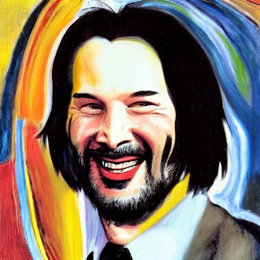 Prompt: a deliriously happy king Keanu Reeves, portrait oil painting by Otto Dix, oil on canvas (1921)