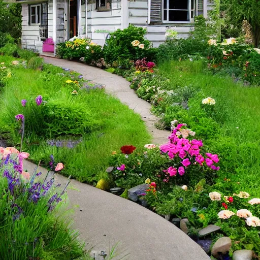 Image similar to A beautiful cottage with a lush front yard, with a flower patch and a flowing river