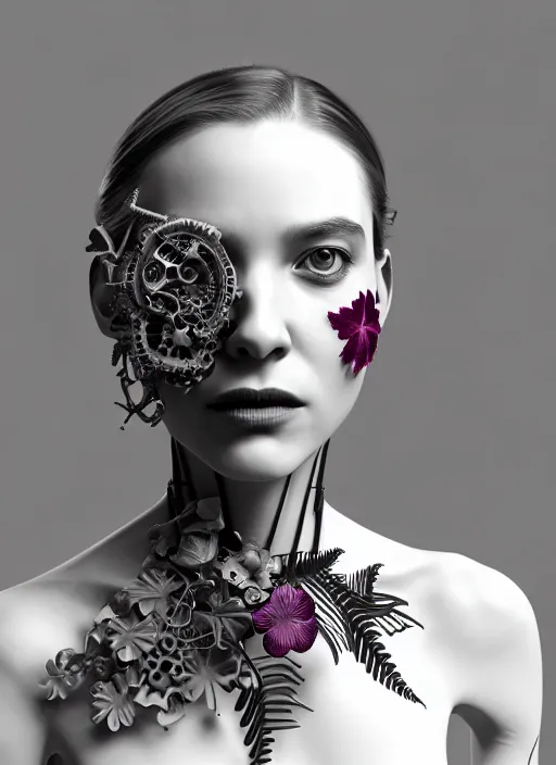 Image similar to monochrome 3 d model, biomechanical beautiful young female cyborg with porcelain profile face and a big floral eye, volumetric light, leaves foliage and stems, hibiscus flowers, boho floral vines, sinuous fine roots, fine foliage lace, alexander mcqueen, rim light, big gothic fashion pearl embroidered collar, steampunk, octane render, 8 k