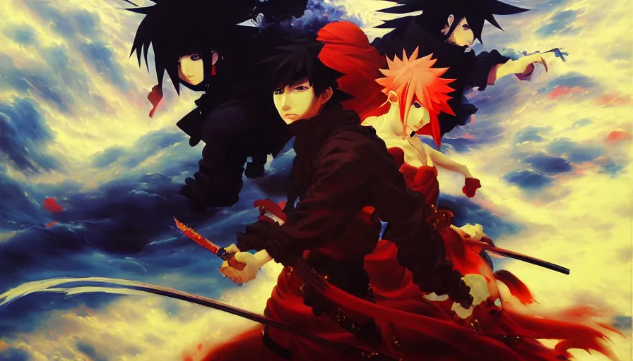 Image similar to baroque oil painting of key visual ninja war, storm, final fantasy, fake detail, trending pixiv fanbox, acrylic palette knife, style of makoto shinkai takashi takeuchi yoshiyuki sadamoto greg rutkowski chiho aoshima