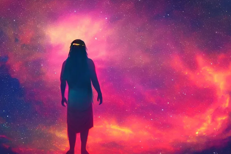 Image similar to photograph of a spiritual native american man looking up at the stars, art, universe, blender, pastel colors, synthwave, retro, cyberpunk,