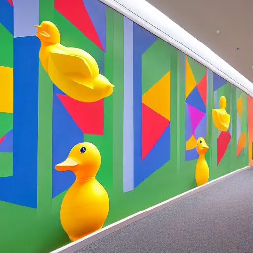 Image similar to wide shot, one photorealistic rubber duck in foreground on a pedestal in an art gallery, the walls are covered with colorful geometric wall paintings in the style of sol lewitt, tall arched stone doorways, through the doorways are more wall paintings in the style of sol lewitt.