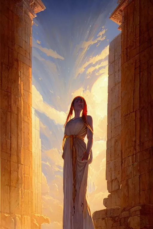 Image similar to possessed woman wearing an ancient greek tunic made of yellow paper, stephen bliss, unreal engine, fantasy art by greg rutkowski, rhads, ferdinand knab, makoto shinkai and lois van baarle, ilya kuvshinov, rossdraws, tom bagshaw, global illumination, radiant light, ancient greek temple ruins, red blue color theme