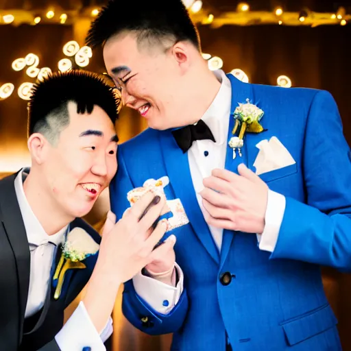Image similar to cookie monster marries justin sun, professional gay wedding photography