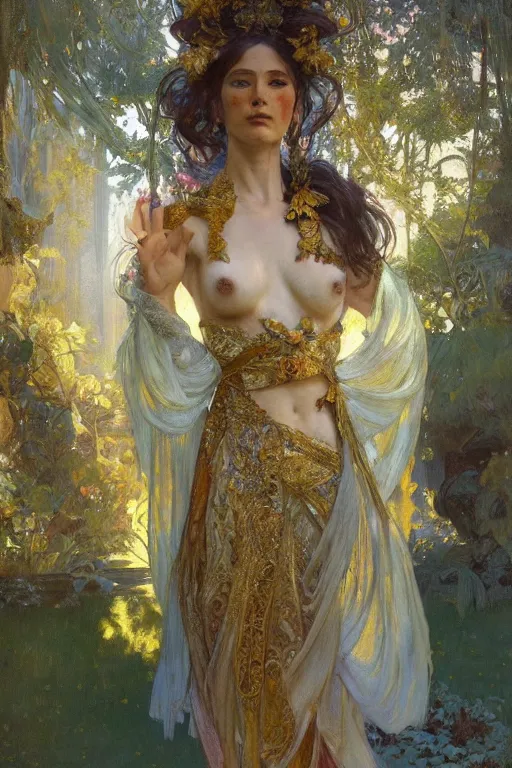 Image similar to a girl emperorit is decorated with long robes that fall like golden stars, an ostentatious palace and garden are seen in the background. by jeremy mann and alphonse mucha, fantasy art, photo realistic, dynamic lighting, artstation, poster, volumetric lighting, very detailed anatomy and faces, 4 k, award winning