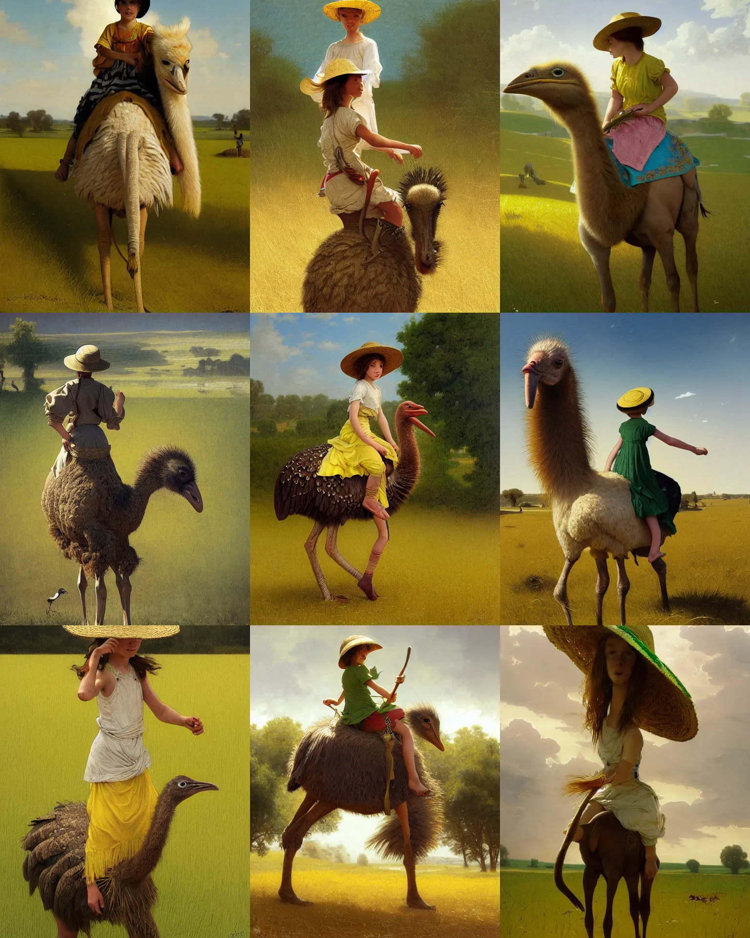 Prompt: 10 yo girl riding ostrich in green fields, straw hat, yellow tunic, intricate, highly detailed, artstation, sharp focus, illustration, jurgens, aleksi briclot, rutkowski, bouguereau, mucha