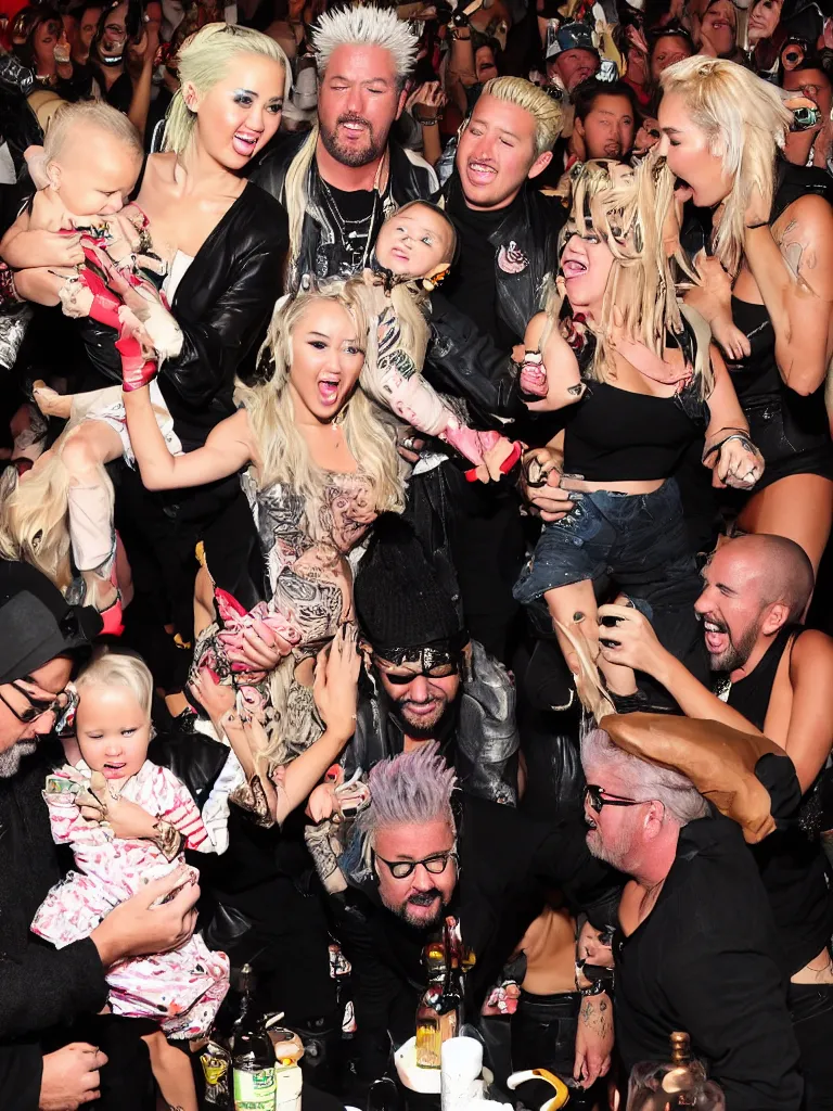 Image similar to olivia munn and miley cyrus and guy fieri holding their baby in a mosh pit