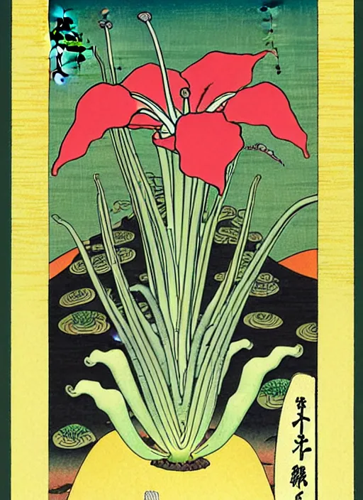 Image similar to fantasy scientific botanical trading card illustration of a colorful carnivore plant in the desert ,Ukiyo-e, isometric view, diego rivera