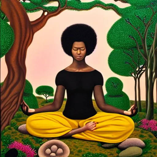 Prompt: a fully clothed black girl with afro puffs meditating in an african zen garden with an acacia tree and a pink waterfall by amanda sage and chris leib, oil on canvas