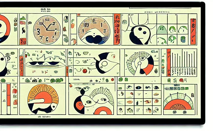 Image similar to business dashboard with time series charts, pie plots and other modern graphics, with small creatures with many eyes. diego rivera ( with slight ukiyo - e influence ). ravi supa.