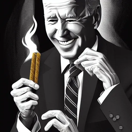 Prompt: joe biden smoking a rolled marijuana joint, amazing detail, digital art, artstation, two hands