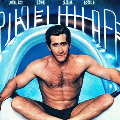 Image similar to a movie poster of Jake Gyllenhaal as patrick Swayze sitting in a hot tub in the movie Road House