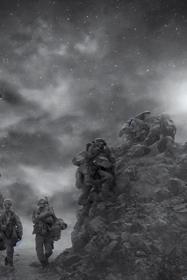 Prompt: a portrait of ww 2 american soldiers entering the star gate to agartha from antarctica, realistic, highly detailed, fantasy, early 2 1 st century film quality, b & w, 4 k