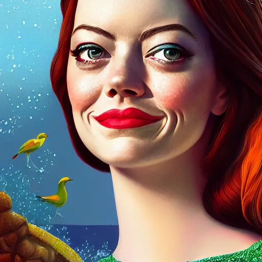 Image similar to Full body digital painting of Emma Stone as a Disney princess wearing snow white's dress, Pixar style, professional studio lightening, volumetric lightening, photorealism by Tristan Eaton Stanley Artgerm and Tom Bagshaw