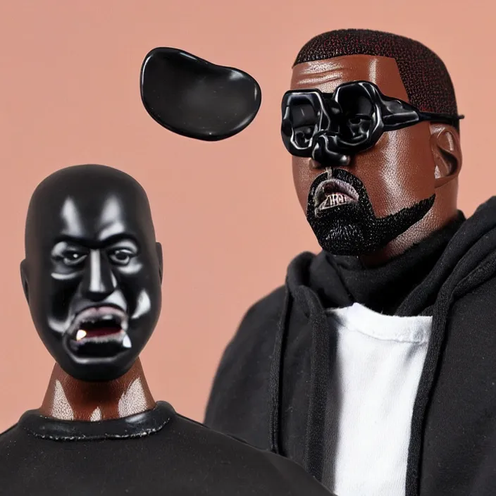 Image similar to kanye west using a black mask with small holes, a black shirt, a black undersize hoodie and black rubber boots, a mcdonald's happy meal toy figure of kanye west using a black mask with small holes, a black shirt, a black undersize hoodie and black rubber boots, figurine, detailed product photo