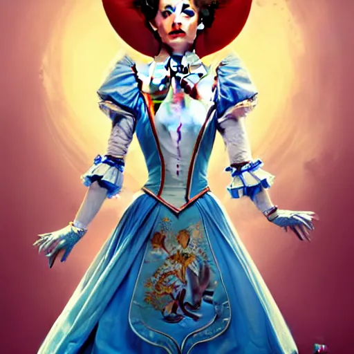 Prompt: movie poster of \'alice in wonderland\', wearing blue and white armor, fantasy, intricate, elegant, highly detailed, digital painting, artstation, concept art, smooth, sharp focus, illustration, art by Fernanda Suarez and Artem Demura and alphonse mucha